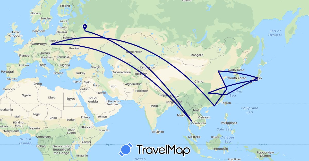 TravelMap itinerary: driving in China, Japan, Poland, Russia, Thailand (Asia, Europe)